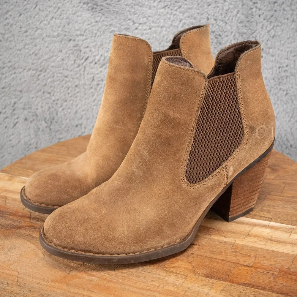 Born Boots Women's 7 M Brown Chelsea Ankle Booties Stacked Block Heel Suede